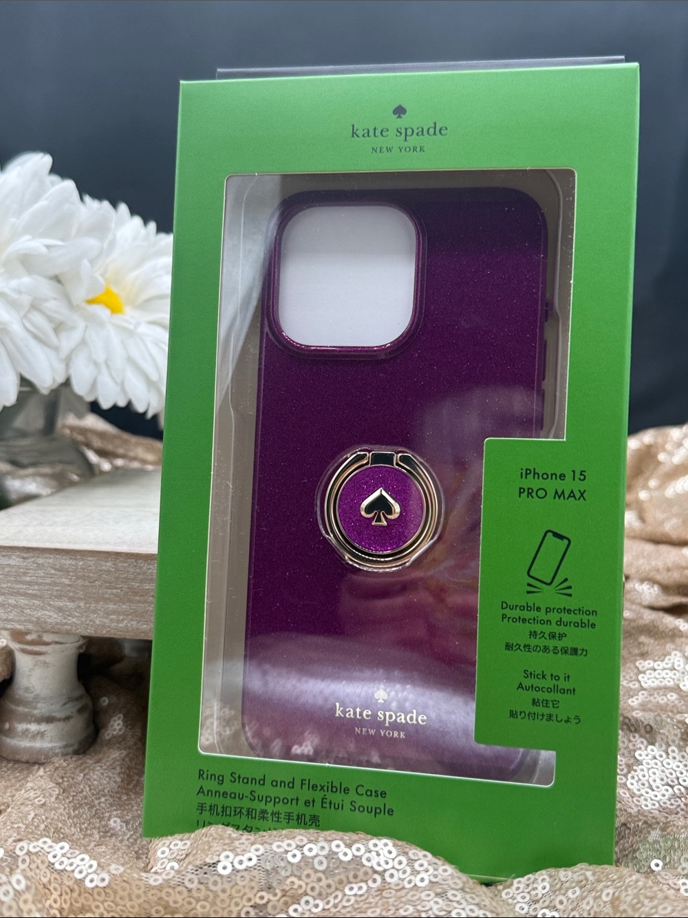 kate spade Purple Glitter Ring Stand iPhone 15 Pro Max Case